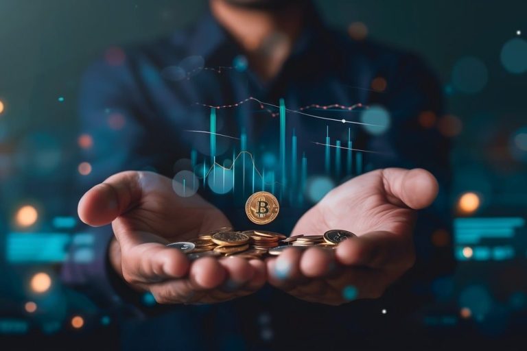 Financial Crimes and Asset Forfeiture Hands holding coins with financial graphs and digital elements in the background.