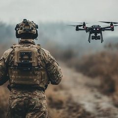 A soldier observes a drone flying over a rugged landscape.