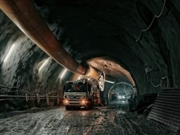 A large mining vehicle operates inside a dark, expansive tunnel with metal piping.