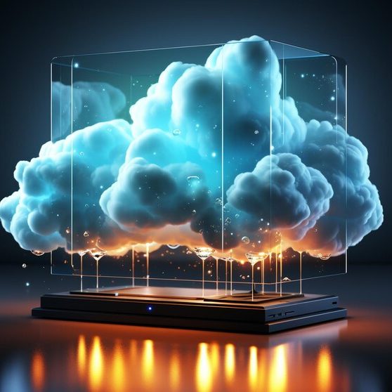 A glowing, translucent box containing vibrant blue and white clouds.