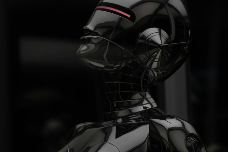 A glossy black humanoid robot with neon accents and a sleek design.