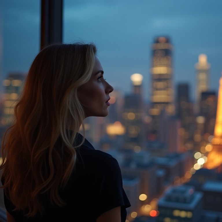 Woman gazing out at a city skyline illuminated at dusk.