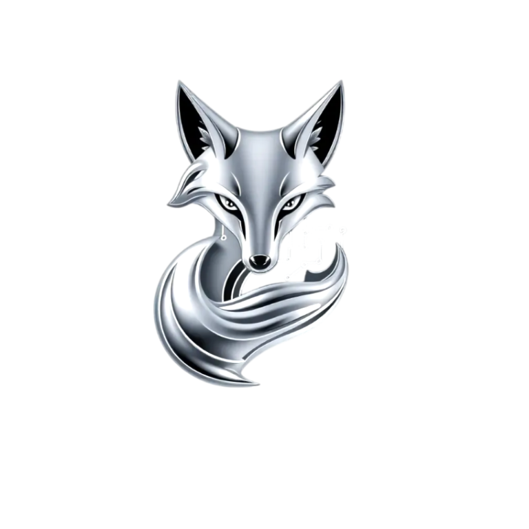 Stylized silver fox design with flowing tails and sharp features.