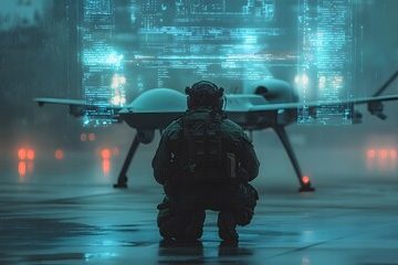 A soldier crouches before a drone in a futuristic, foggy environment.