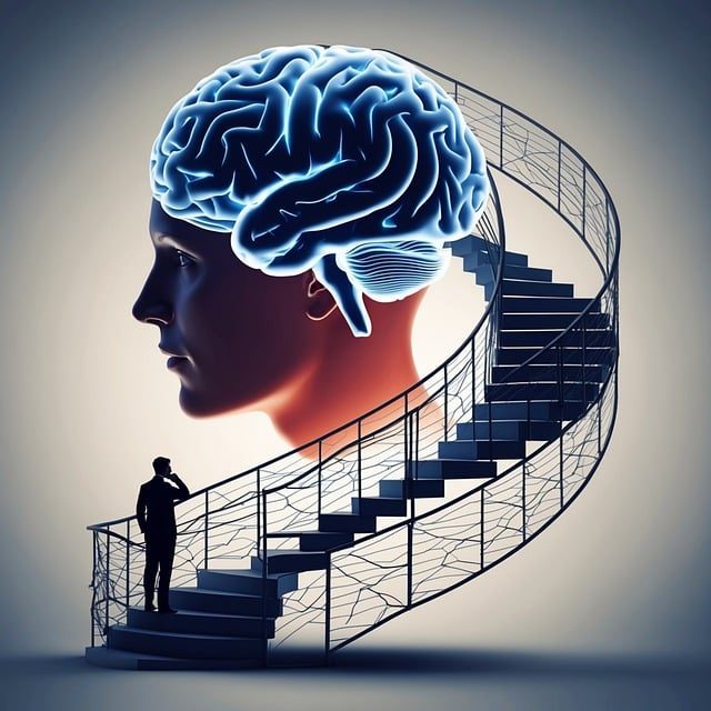A silhouette of a person thinking beside a glowing human brain and spiral staircase.